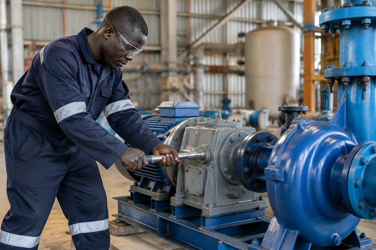 Black African mechanical engineer in safety glasses tightening a pump and gearbox assembly in an industrial workshop — illustrative image